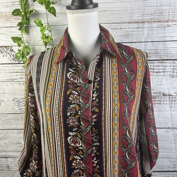 Melissa Paige Blouse Tunic size Small Burgundy Gold Paisley Sheer Lagenlook Slim - Picture 3 of 12